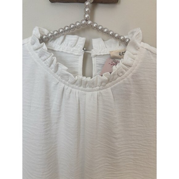NWT Ott Brand Womens Size L Blouse Off White Long Sleeve Ruffle Trim - Picture 2 of 7